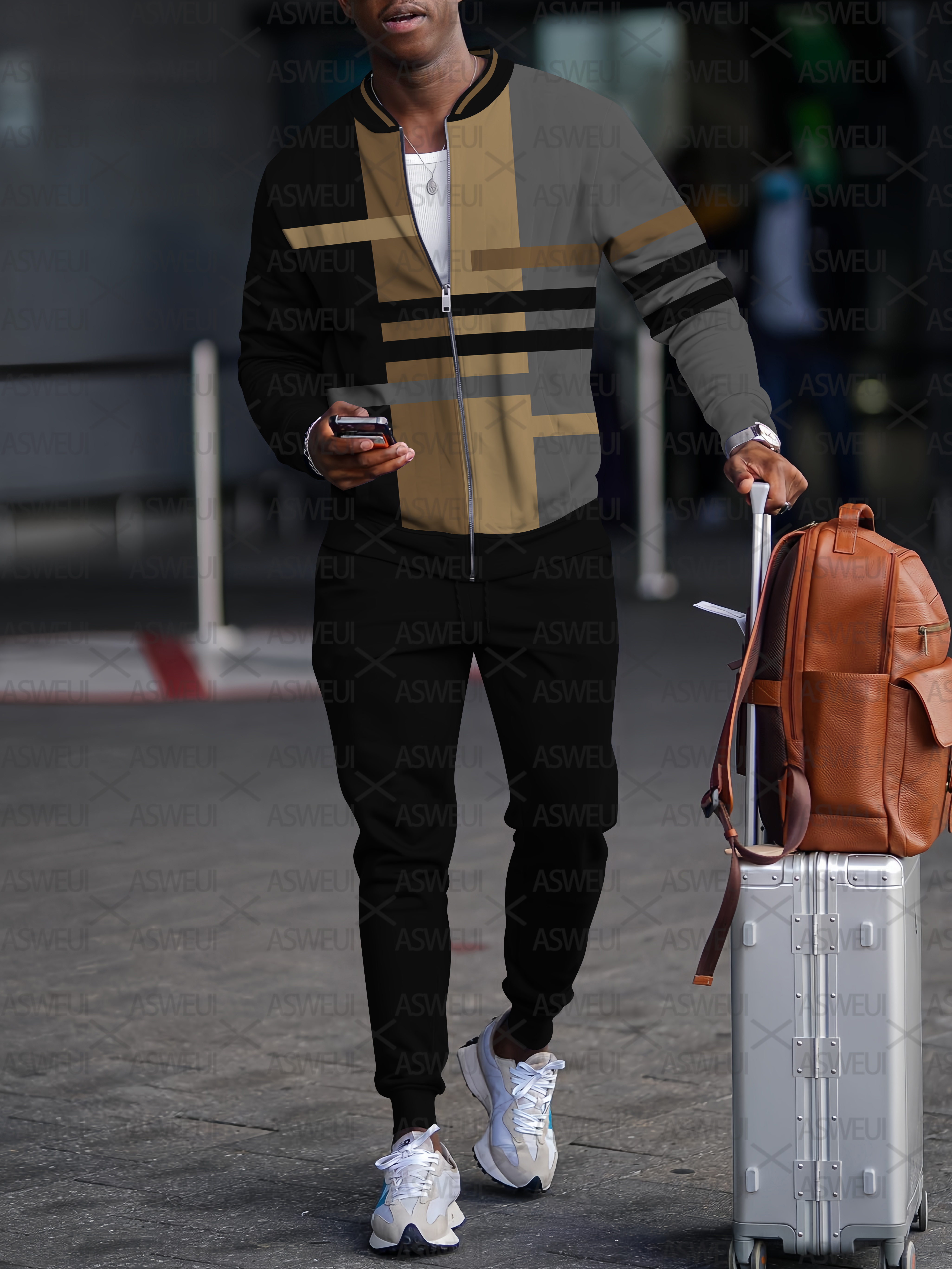 Men's fashion casual geometric print zipper jacket set