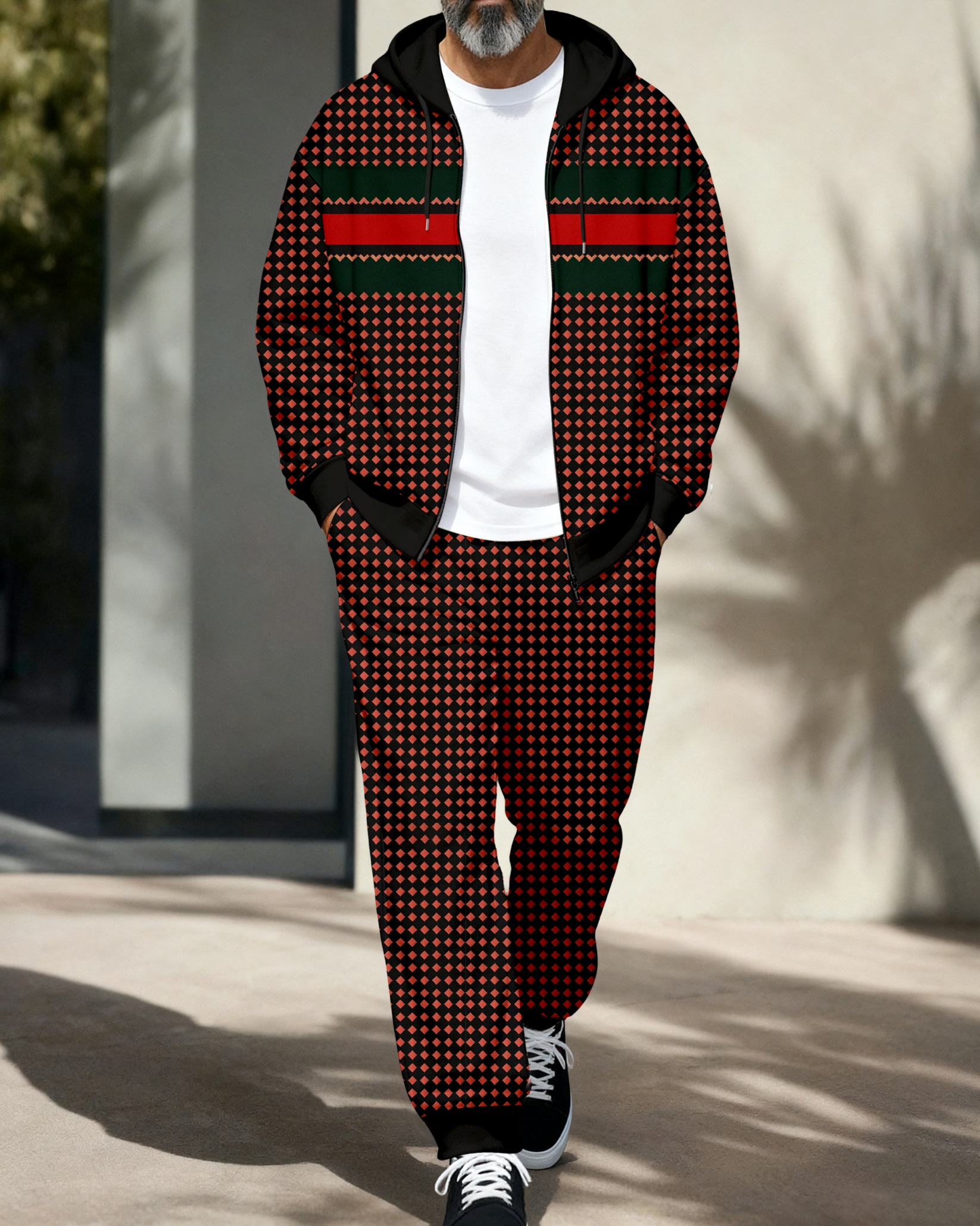 Men's Men's Retro Luxury Thickened Fleece Colorblock Jacket Sports Hoodie Set 03