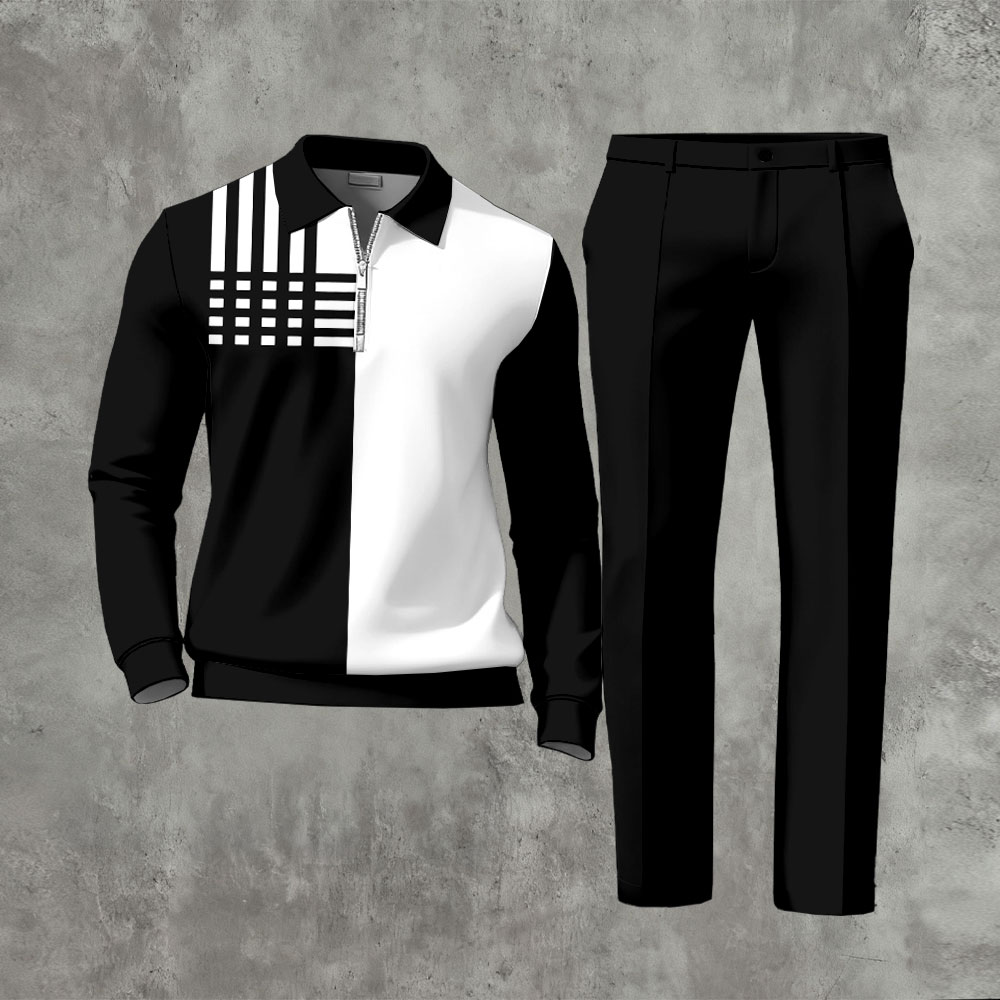 Men's Casual Black & White Color Matching Geometric Printed Zipper Long Sleeved Polo Shirt & Trousers Two-Piece Set