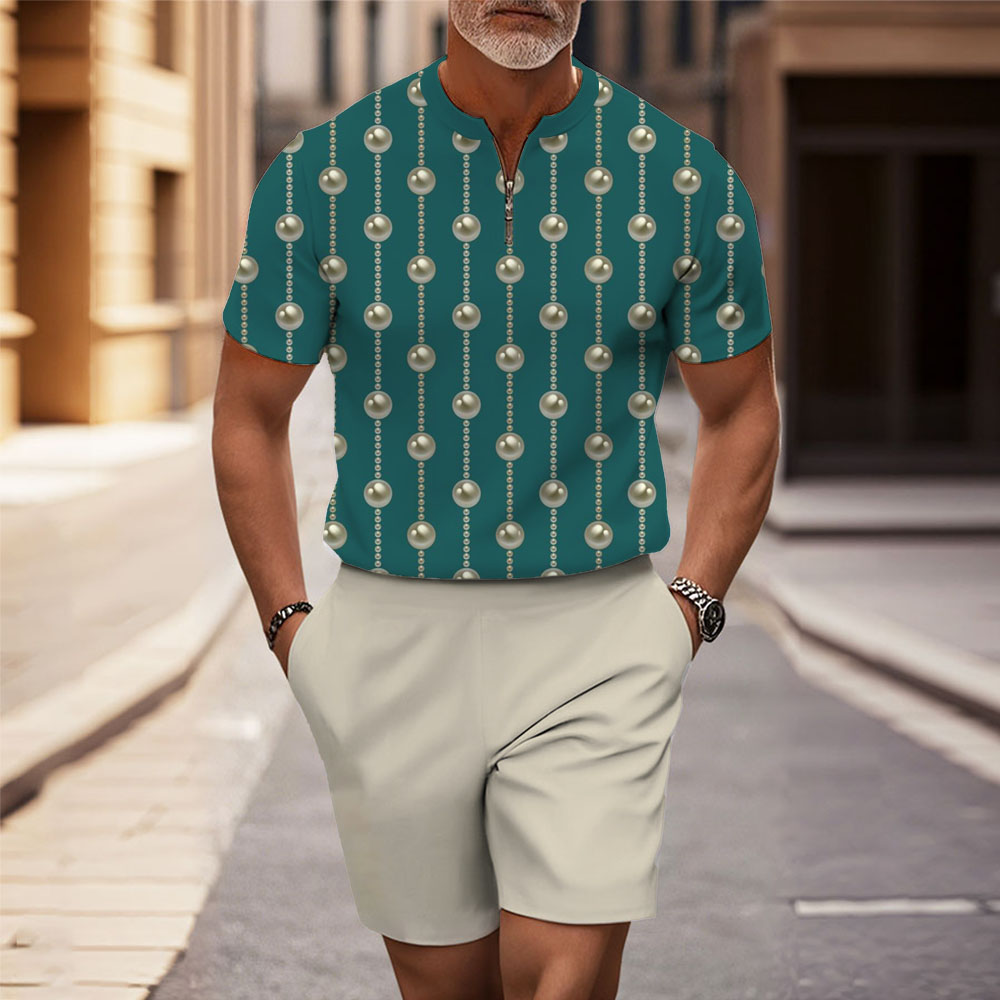 Men's Fashion Casual Round-Neck Geometric Printed Short-Sleeved Two-Piece Set
