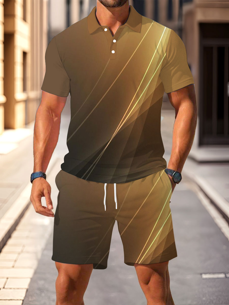 Men's Fashion Casual Polo Collar Geometric Printed Short-Sleeved Two-Piece Set