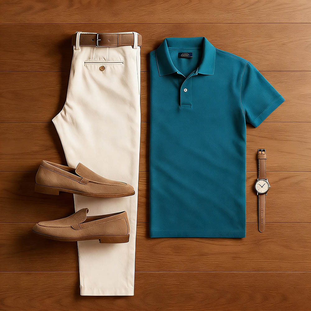 Men's Casual Peacock Blue & Khaki Color Matching Short Sleeved Polo Shirt & Trousers Two-Piece Set