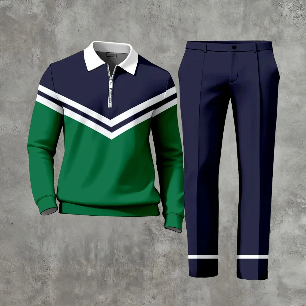 Men's Casual Color Matching Printed Polo-Collar Zipper Long Sleeved Trousers Two-Piece Set