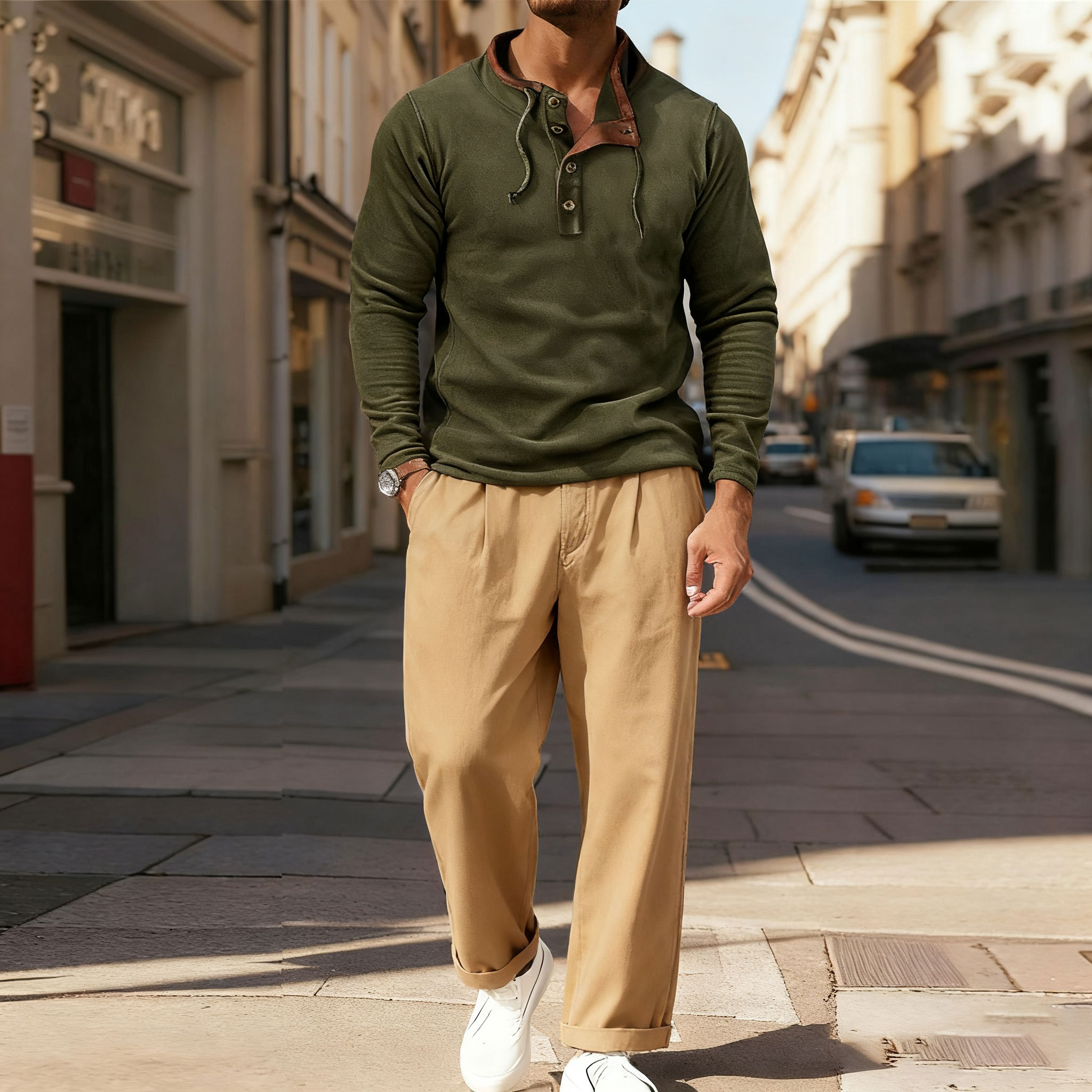 Men's Casual Color Matching Printed Stand-Collar Zipper Long Sleeved Sweatshirt