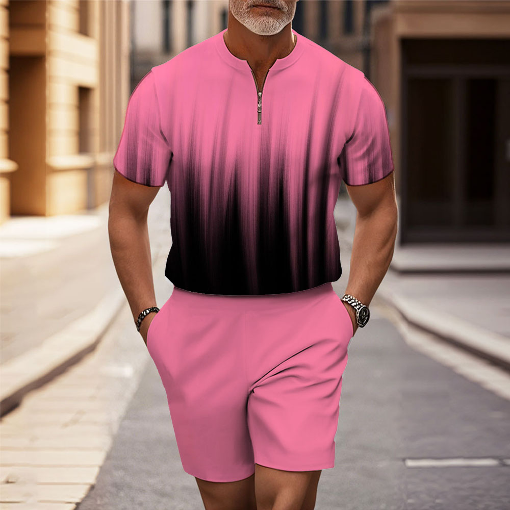 Men's Fashion Casual Round-Neck Geometric Printed Short-Sleeved Two-Piece Set