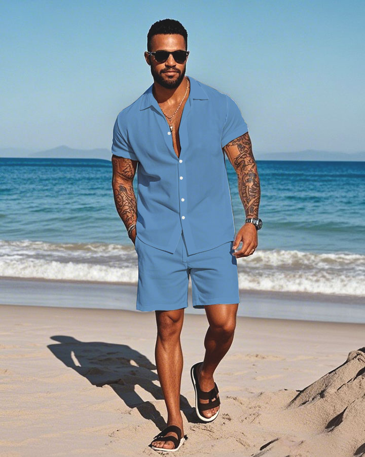 Men's Fashion Casual Lapel Collar Solid Color Short-Sleeved Two-Piece Set