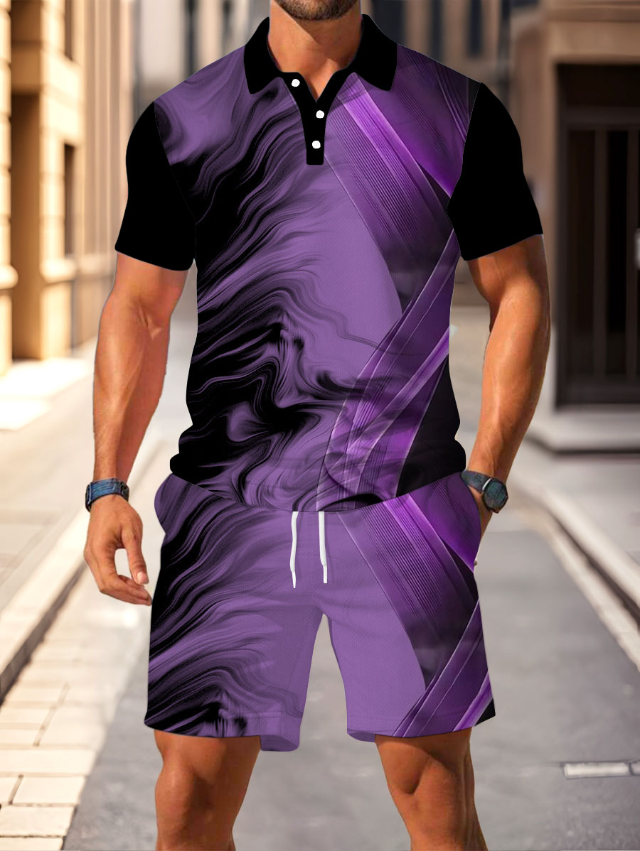 Men's Fashion Casual Polo Collar Geometric Printed Short-Sleeved Two-Piece Set