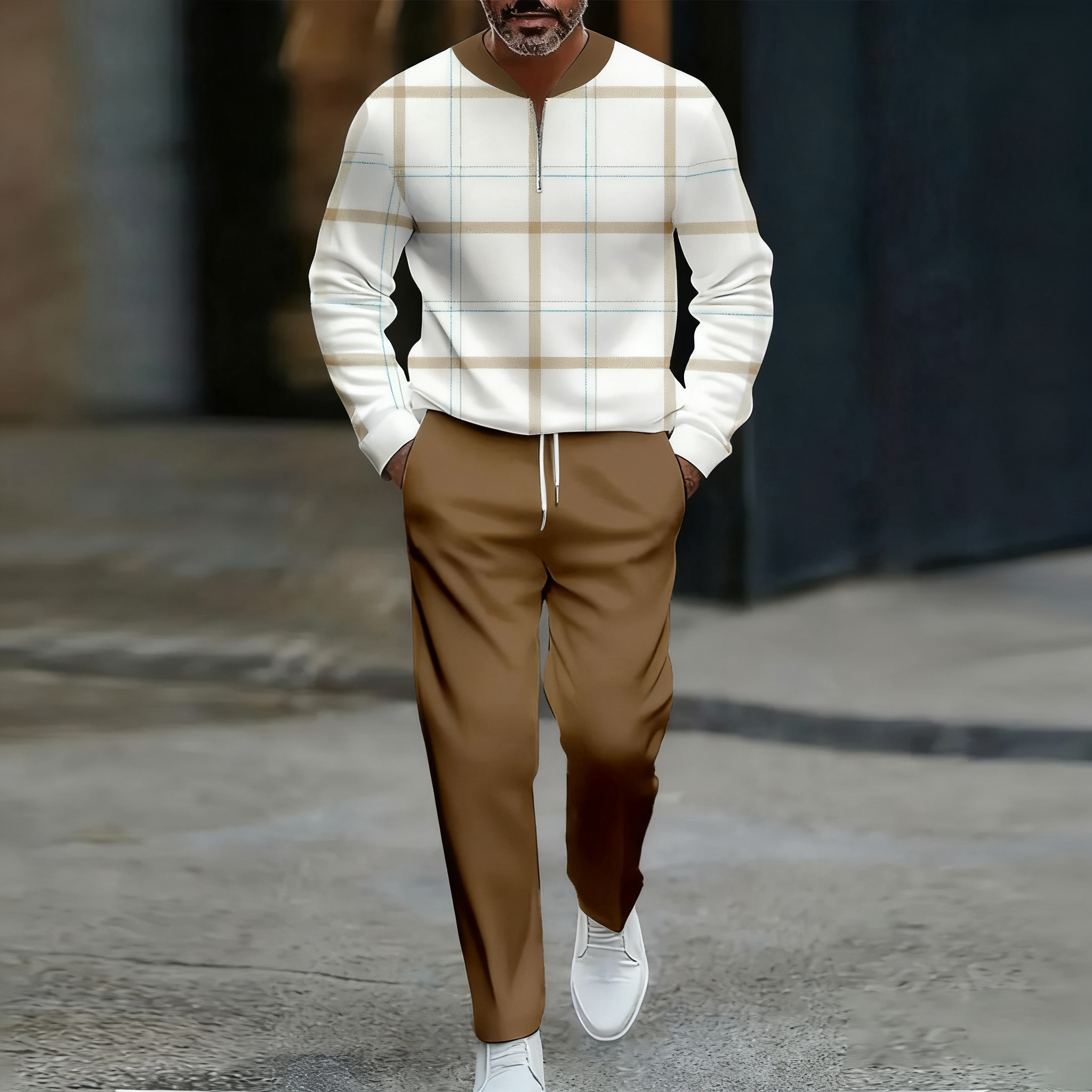 Men's Casual Color Matching Printed Round-Neck Zipper Long Sleeved Trousers Two-Piece Set