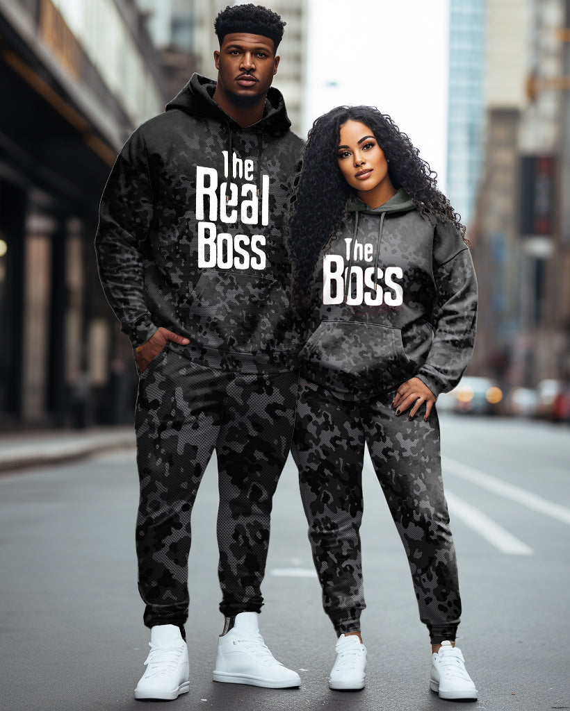 Couple Outfits Big & Tall Real Boss Funny Text Camouflage Hoodie Set
