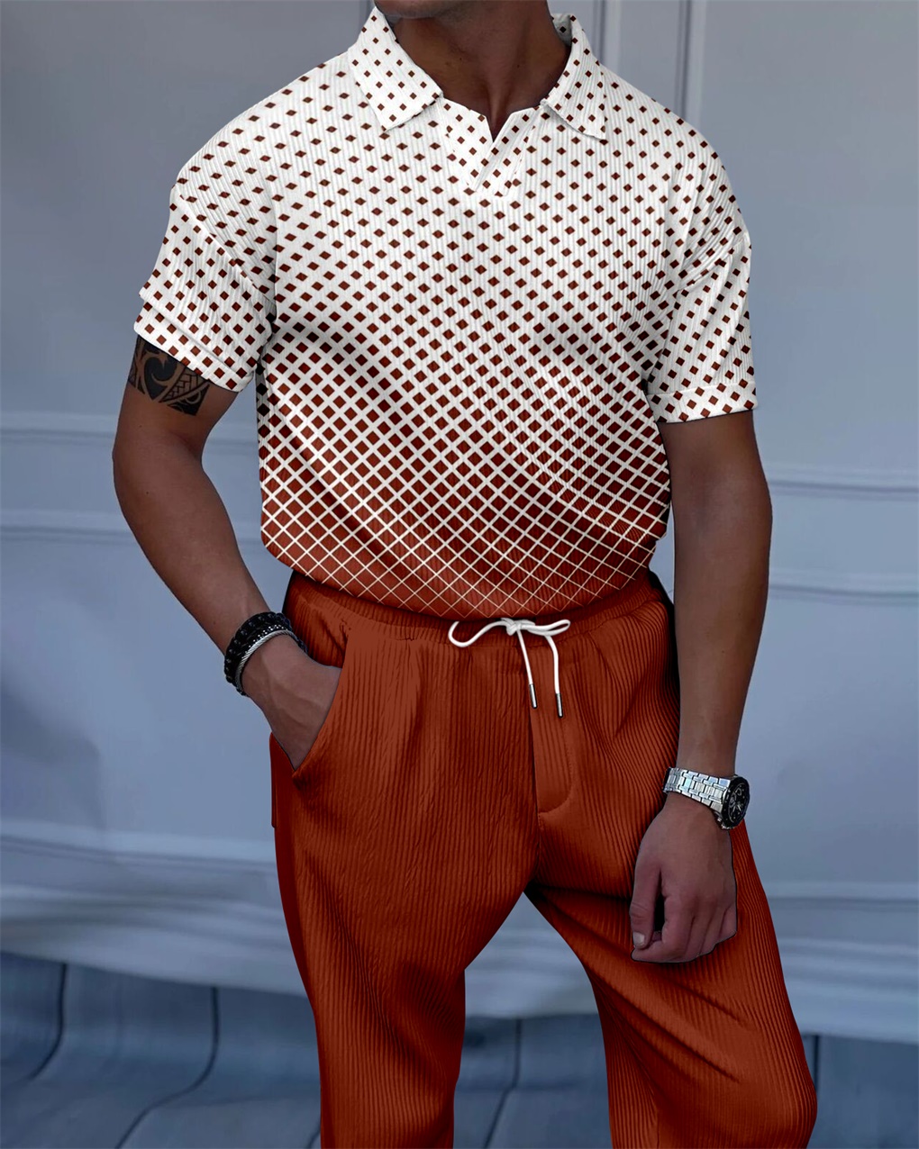 Men's Luxury Casual Textured Polo Short Sleeve Suit - 089