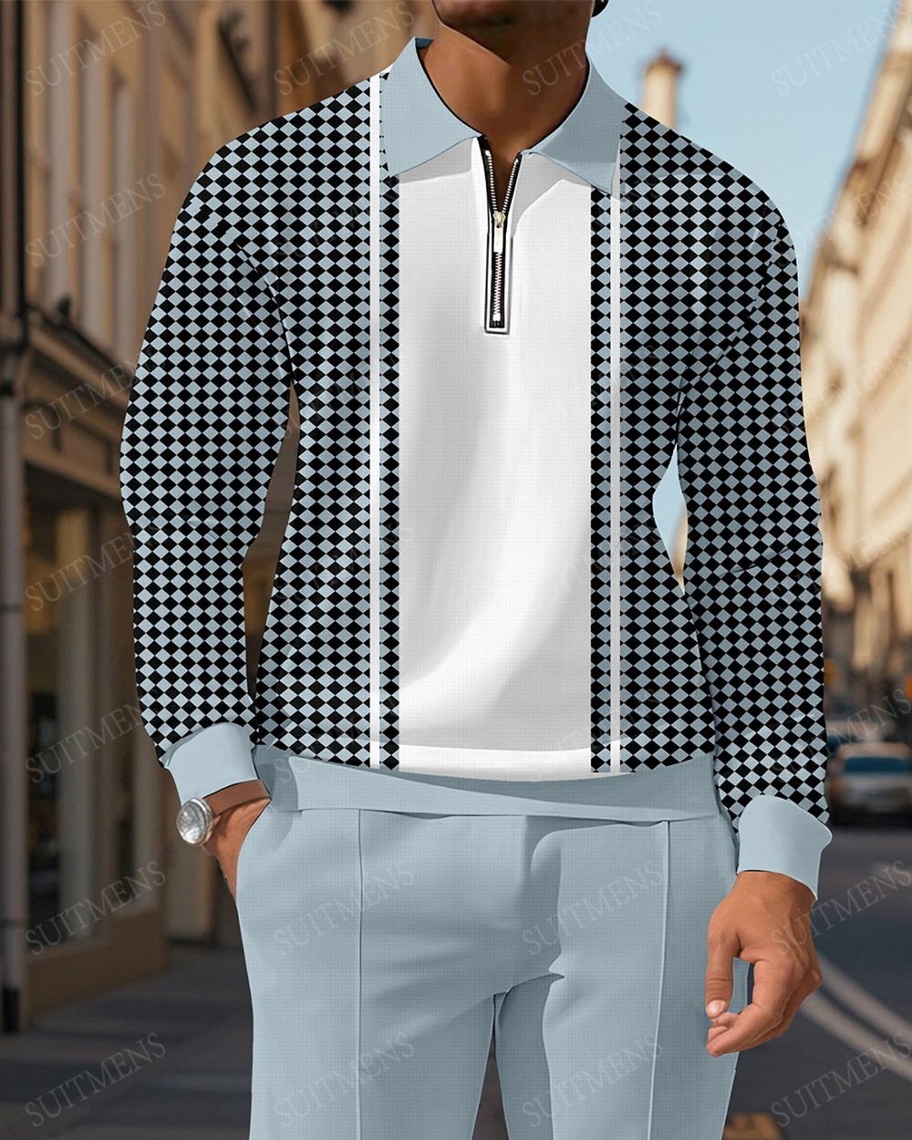 Men's Casual Colorblock Personalized Long Sleeve Polo Shirt Set  009