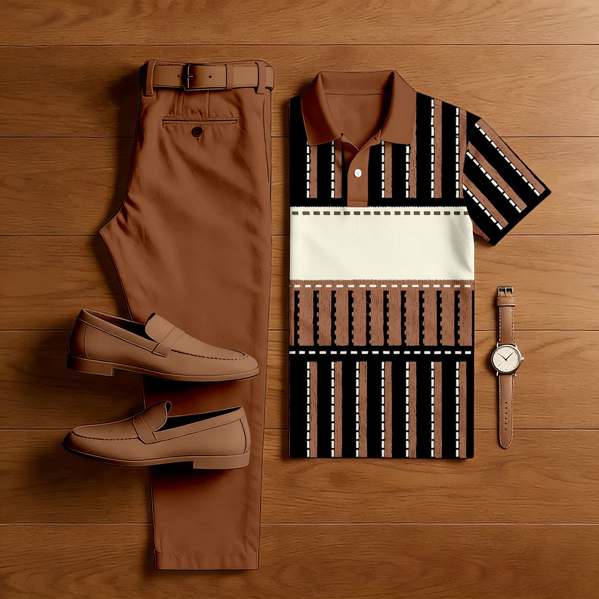 Men's Casual Brown & Black Color Matching Striped Printed Short Sleeved Polo Shirt & Trousers Two-Piece Set