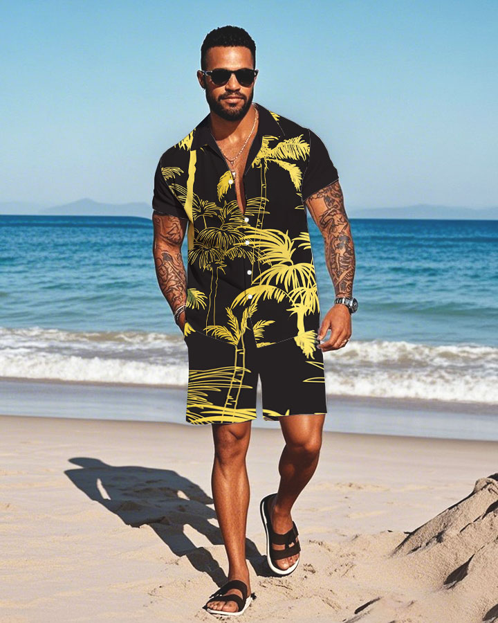 Men's Fashion Casual Lapel Collar Geometric Printed Short-Sleeved Two-Piece Set