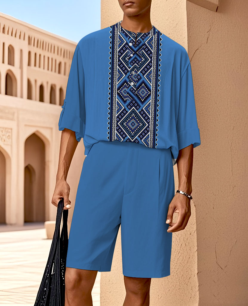 Business Casual Loose Short Sleeve Henley Collar Shirt And Elastic Waist Straight Leg Shorts Set