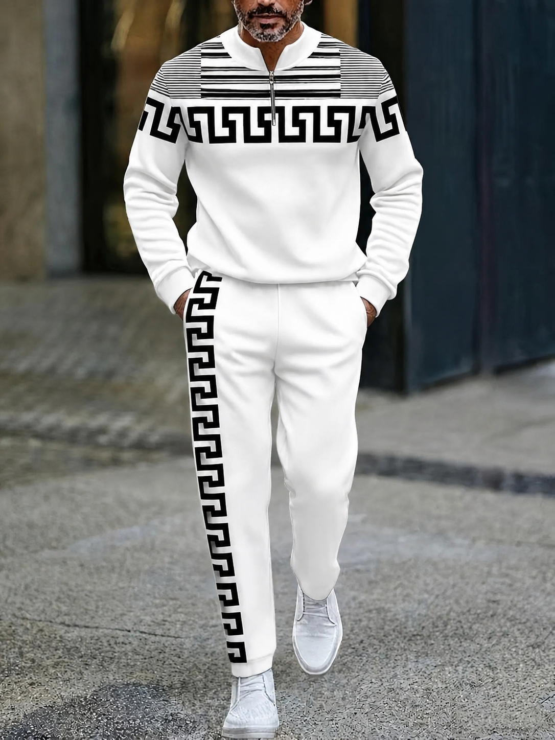 Men's Casual Color Matching Printed Round-Neck Zipper Long Sleeved Trousers Two-Piece Set