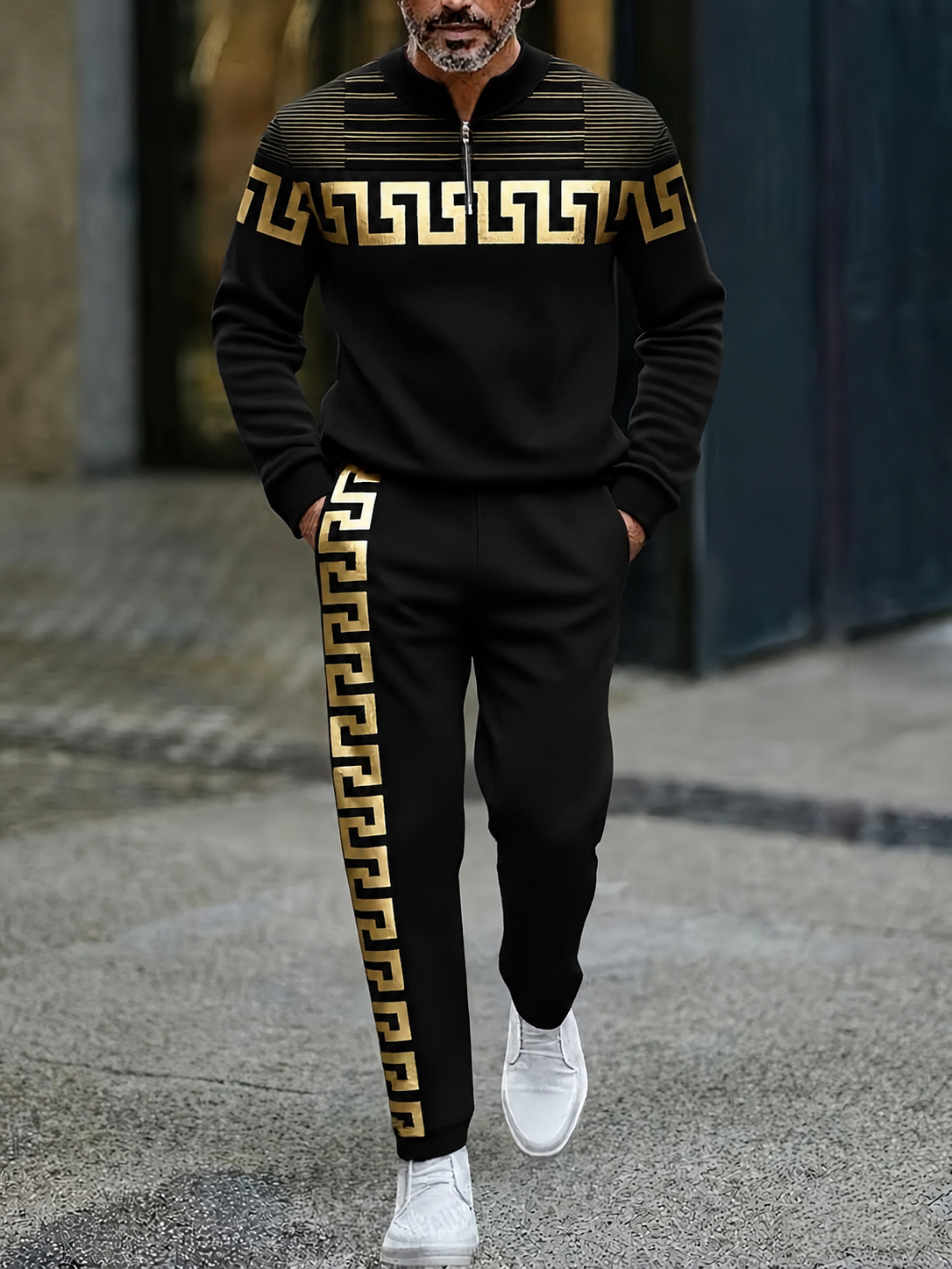 Men's Casual Color Matching Printed Round-Neck Zipper Long Sleeved Trousers Two-Piece Set
