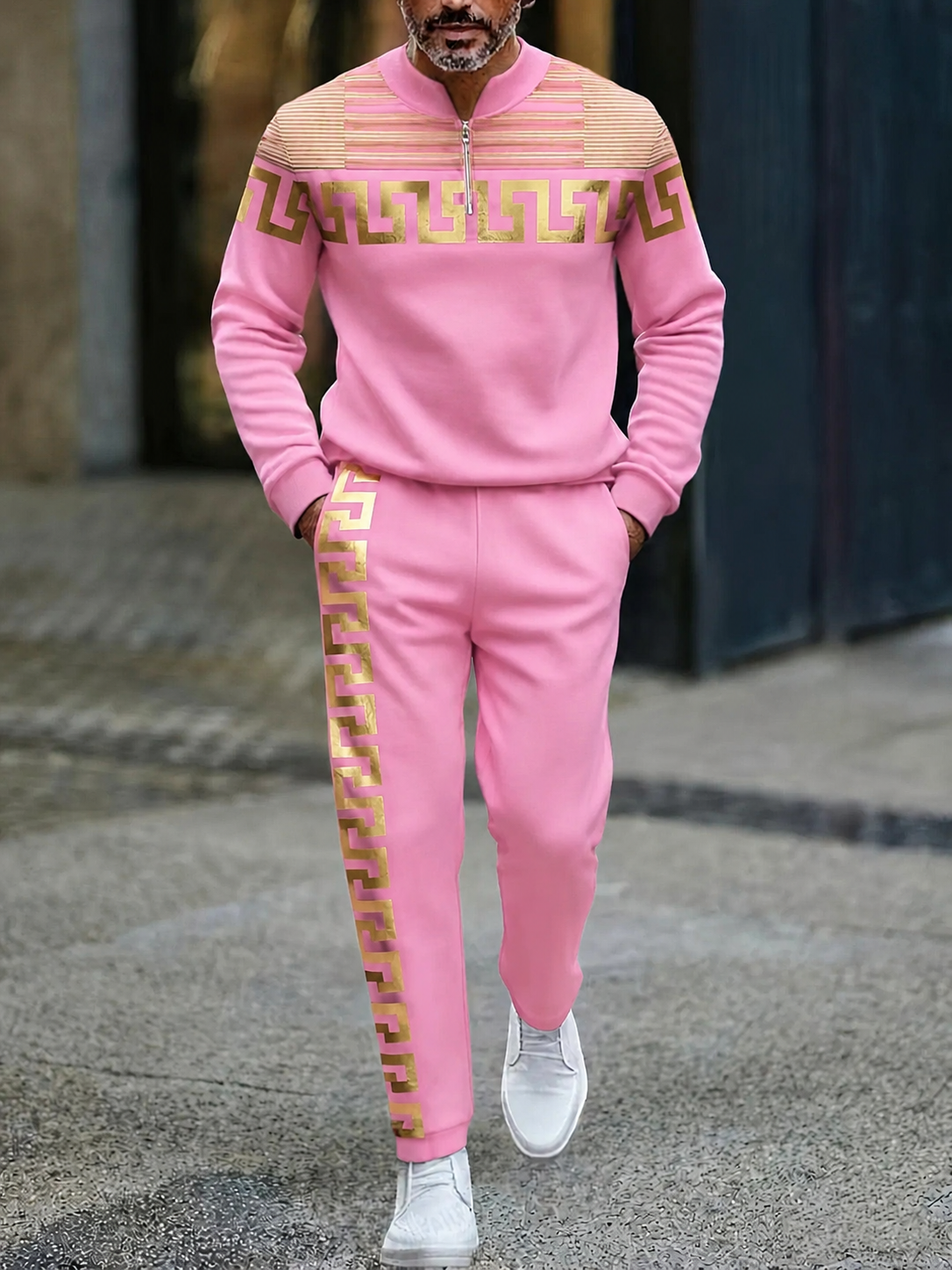 Men's Casual Color Matching Printed Round-Neck Zipper Long Sleeved Trousers Two-Piece Set