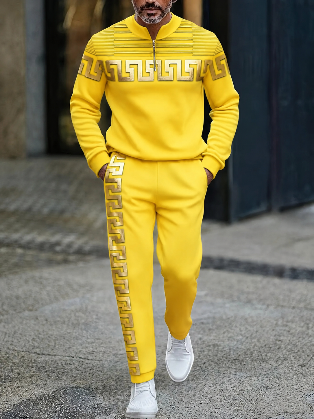 Men's Casual Color Matching Printed Round-Neck Zipper Long Sleeved Trousers Two-Piece Set