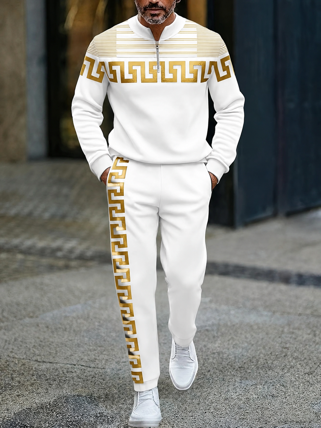 Men's Casual Color Matching Printed Round-Neck Zipper Long Sleeved Trousers Two-Piece Set