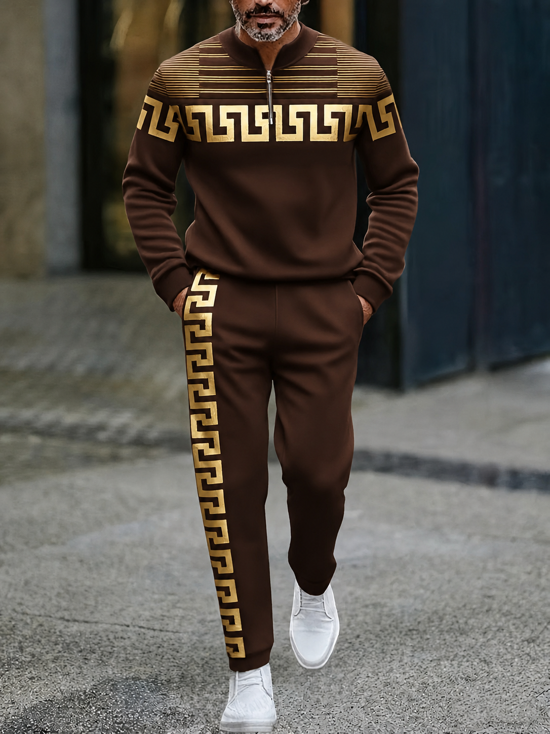 Men's Casual Color Matching Printed Round-Neck Zipper Long Sleeved Trousers Two-Piece Set