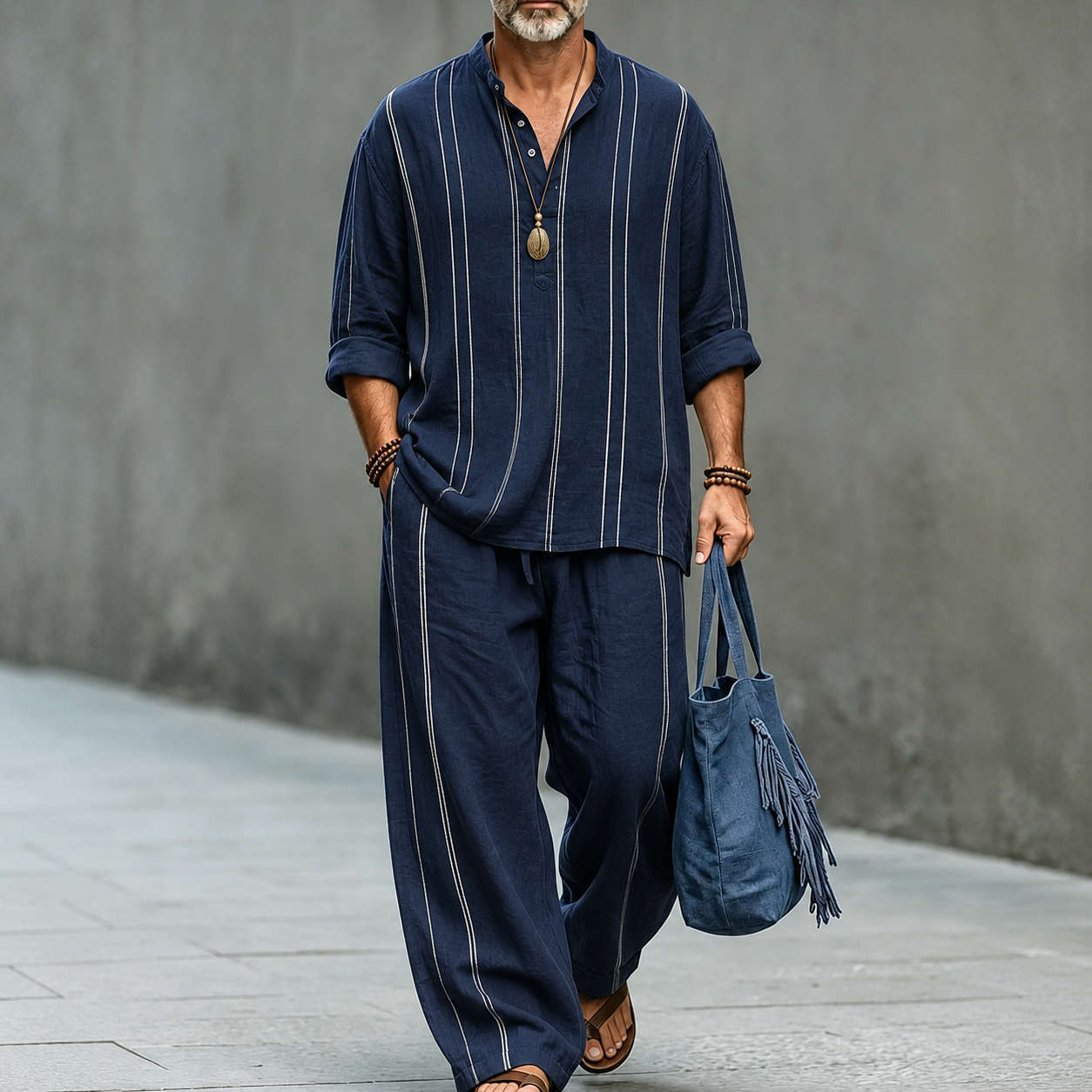 Men's Navy Vertical Stripe Linen Shirt and Wide Leg Pants Two Piece Set