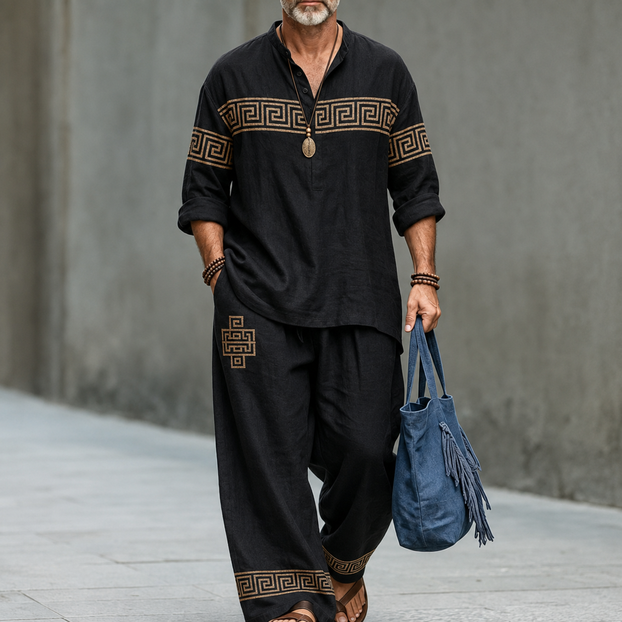 Men's Black Geometric Border Print Linen Top and Pants Two Piece Set