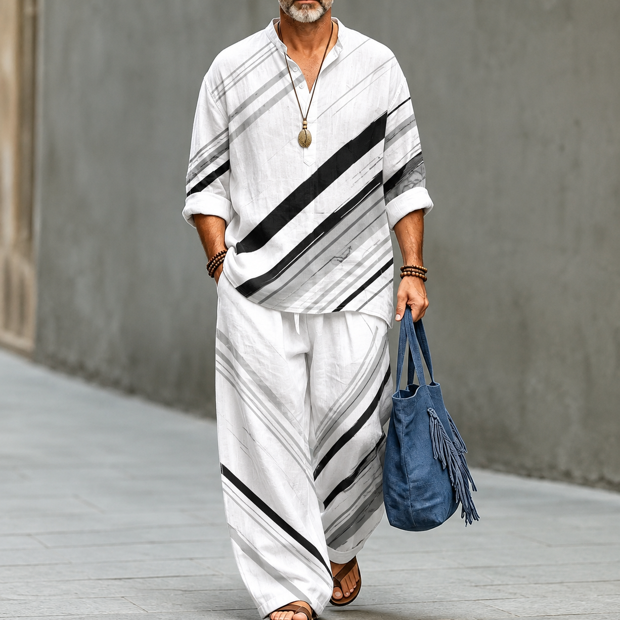 Men's White Abstract Diagonal Stripe Linen Shirt and Pants Two Piece Set