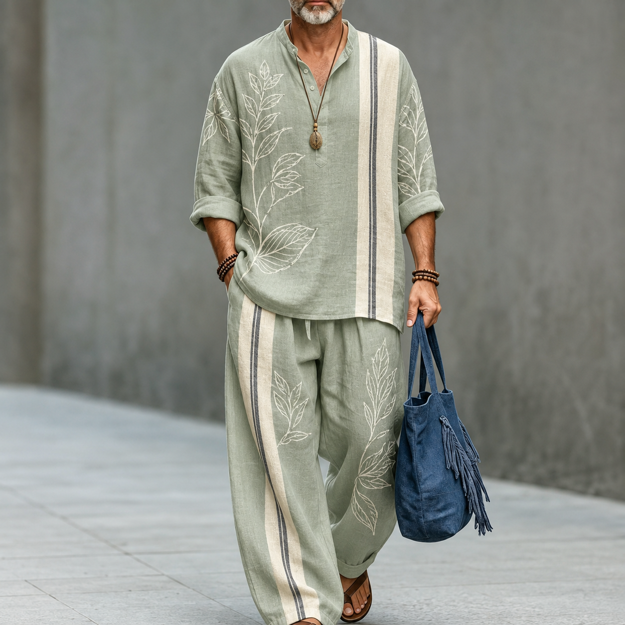 Men's Sage Green Botanical Stripe Linen Top and Wide Leg Pants Set
