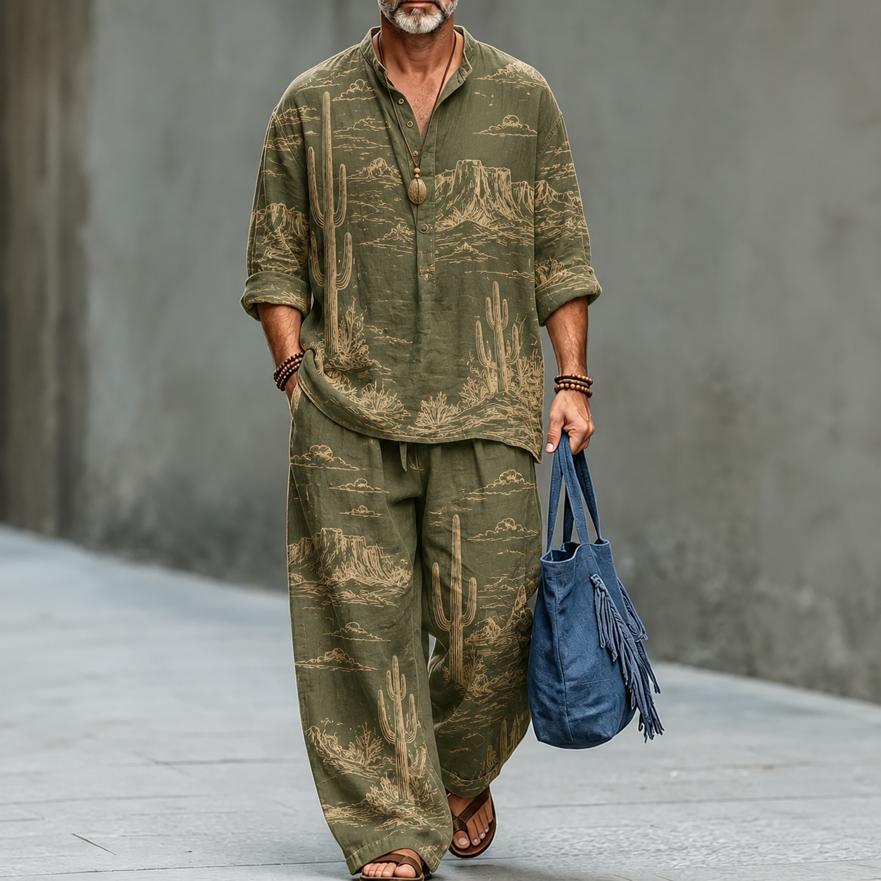 Men's Olive Green Desert Cactus Print Linen Shirt and Pants Two Piece Set