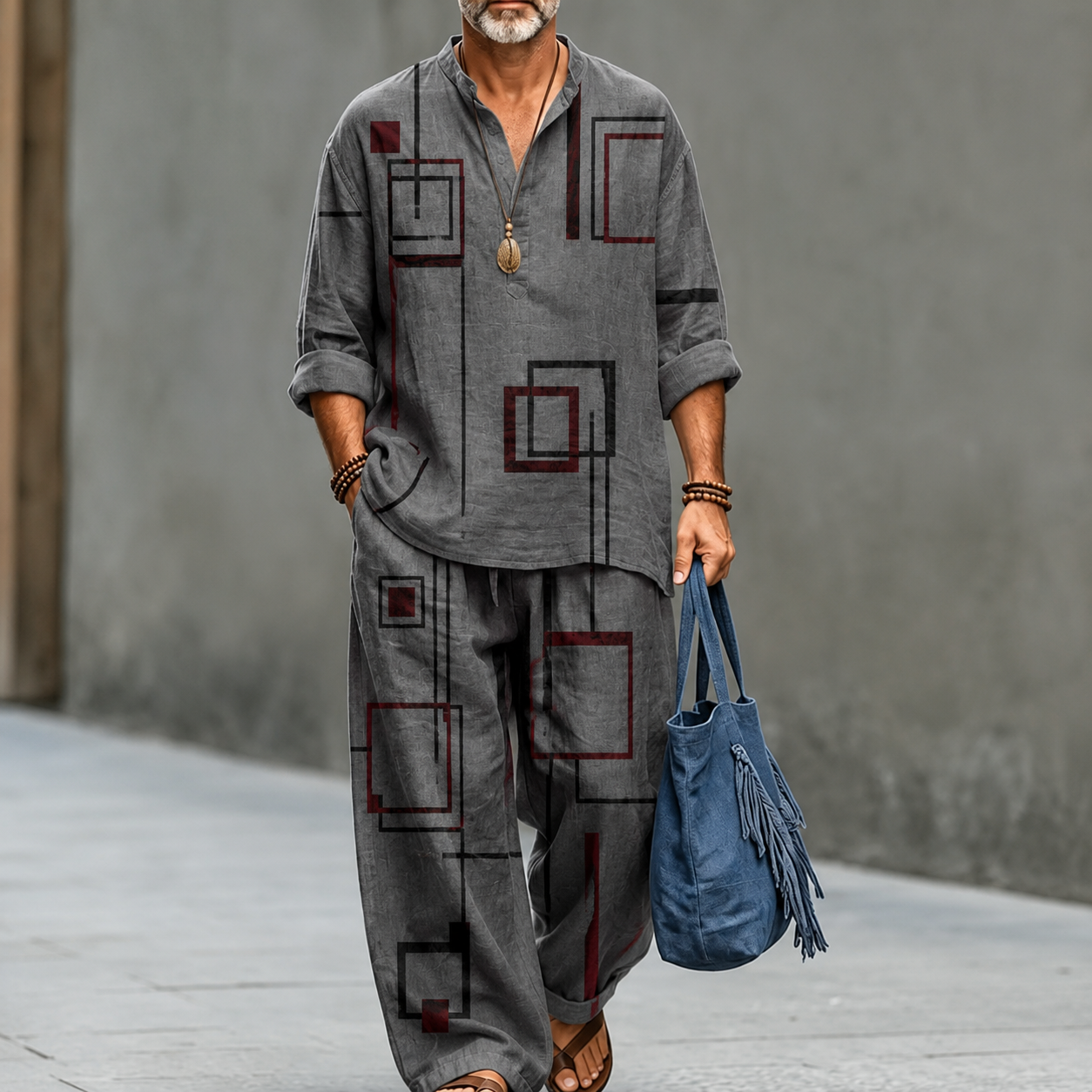Men's Charcoal Geometric Print Casual Linen Shirt and Pants Set