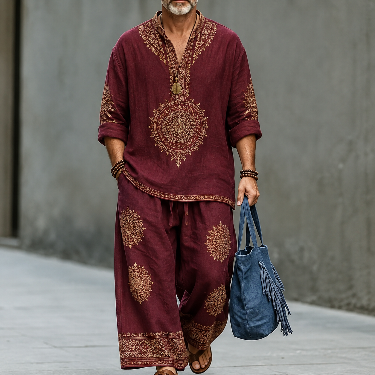 Men's Burgundy Ornamental Medallion Print Linen Top and Pants Set