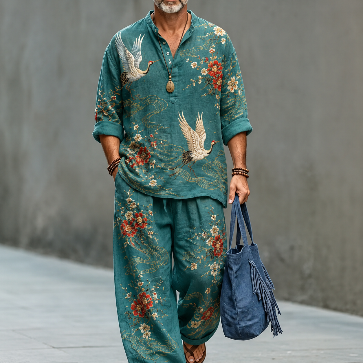 Men's Teal Crane and Floral Print Linen Shirt and Wide Leg Pants Set
