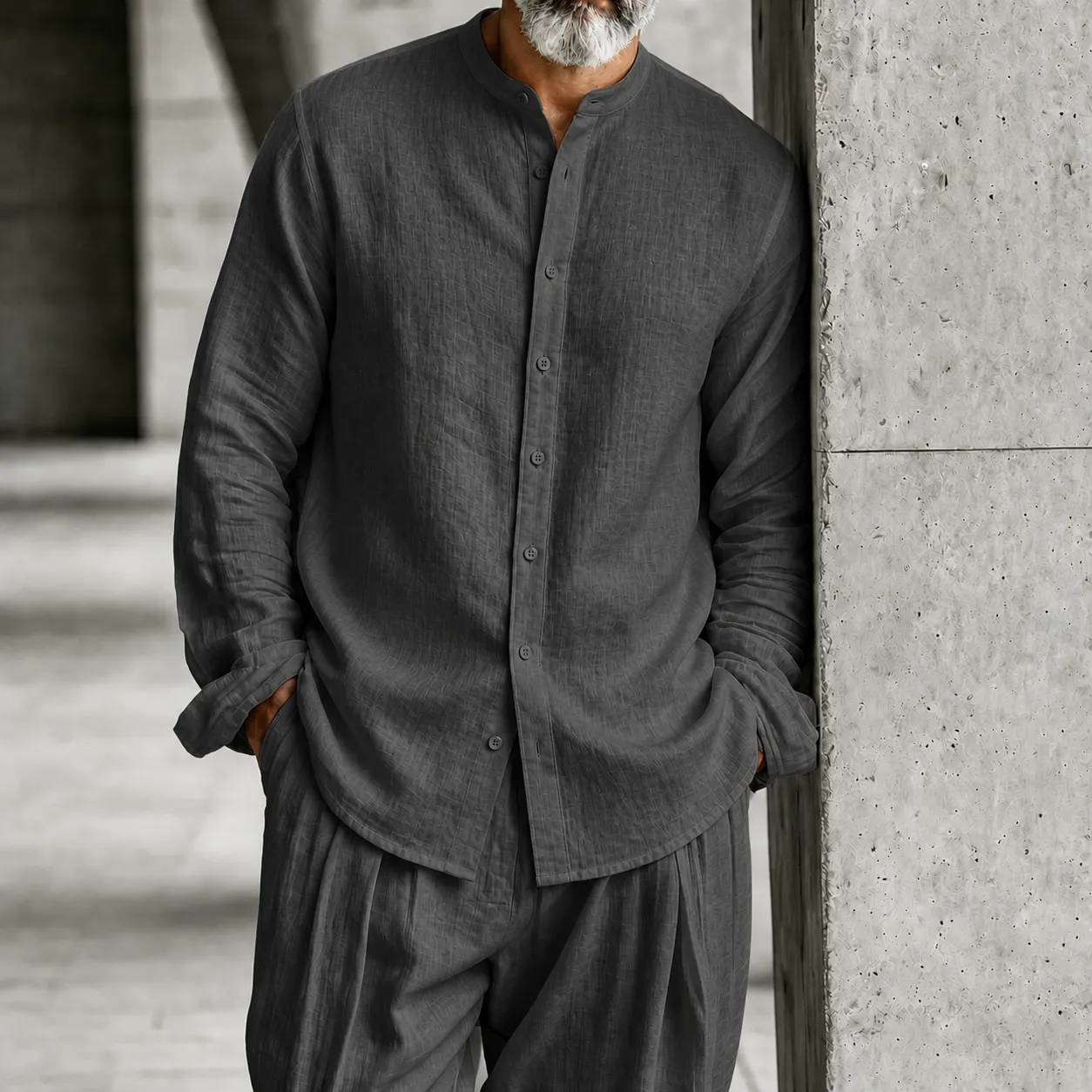 Men's Stand-Collar Half-Open Henley Shirt and Trousers Set