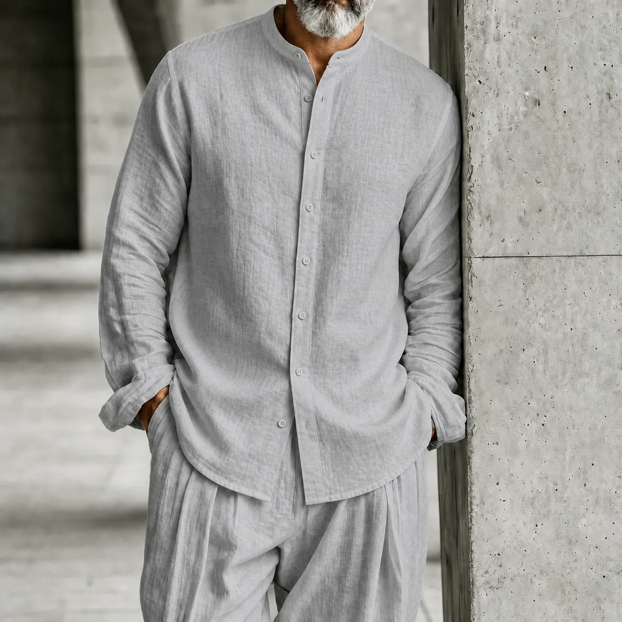 Men's Stand-Collar Half-Open Henley Shirt and Trousers Set