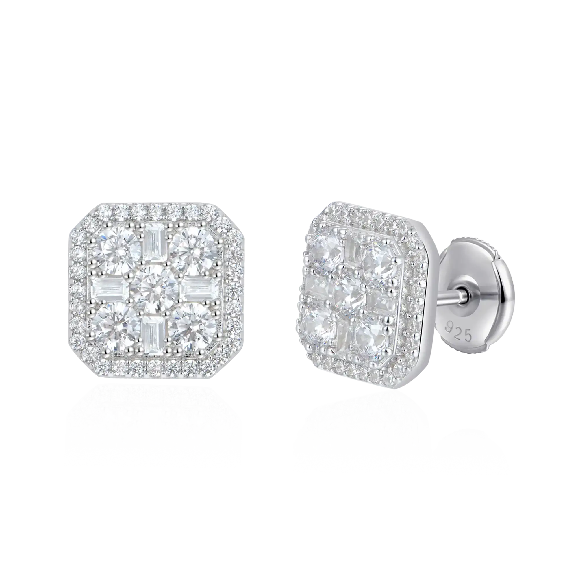 S925 Octagon Baguette Mix Halo Stud Earrings - Pair