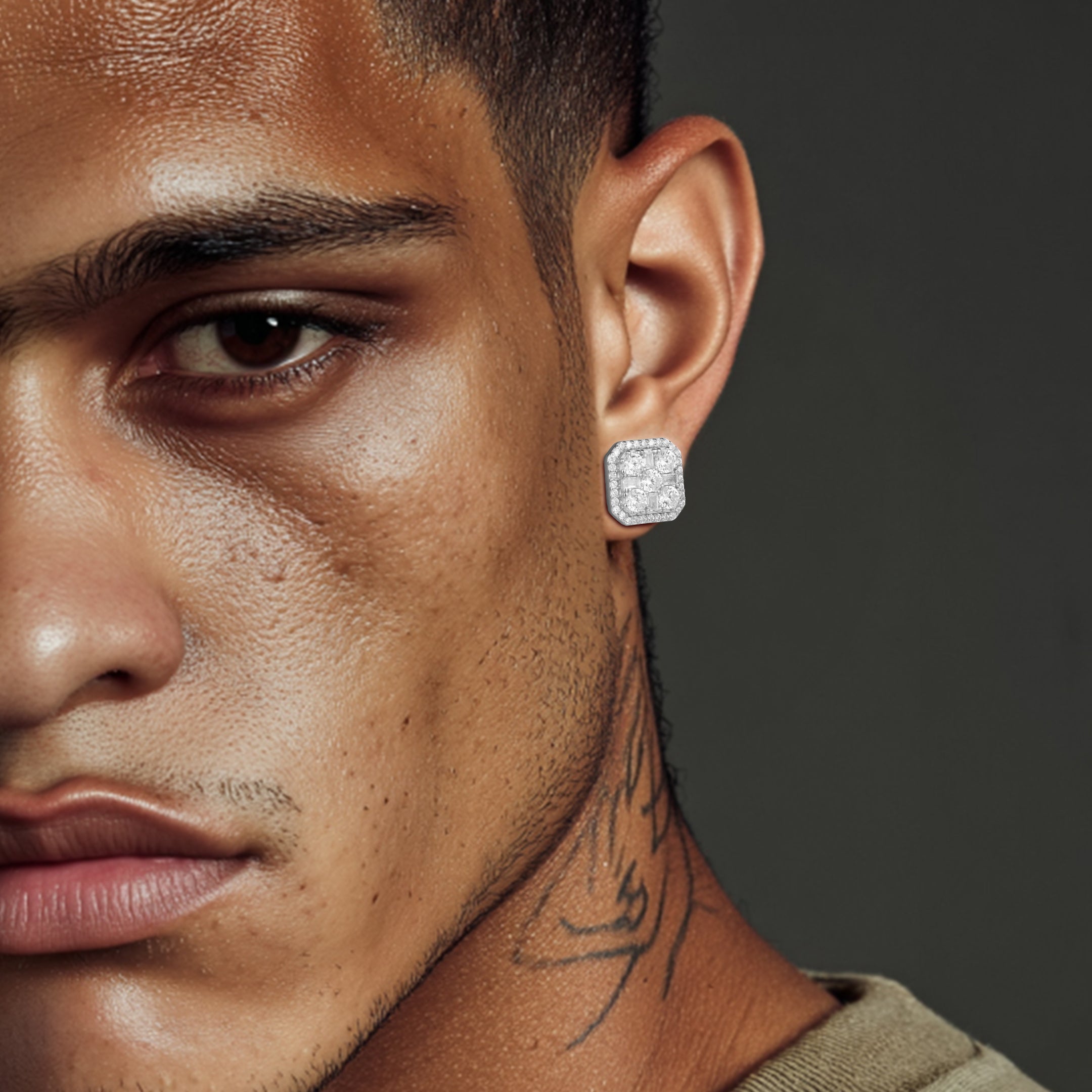 S925 Octagon Baguette Mix Halo Stud Earrings - Pair