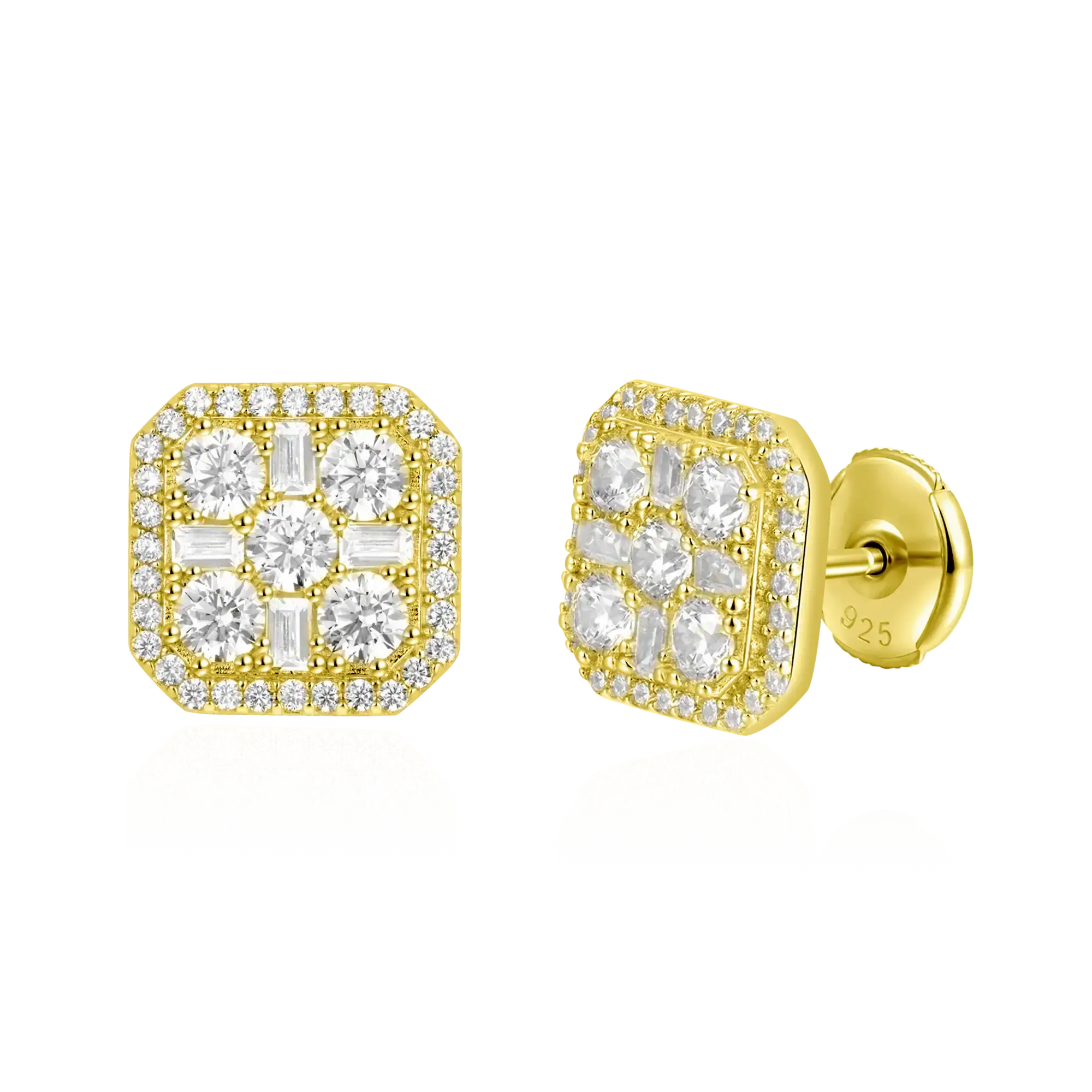 S925 Octagon Baguette Mix Halo Stud Earrings - Pair