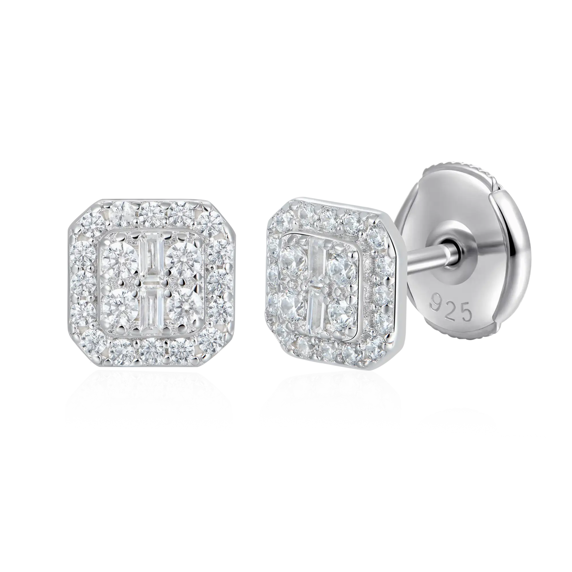 S925 Octagon Baguette Mix Halo Stud Earrings - Pair