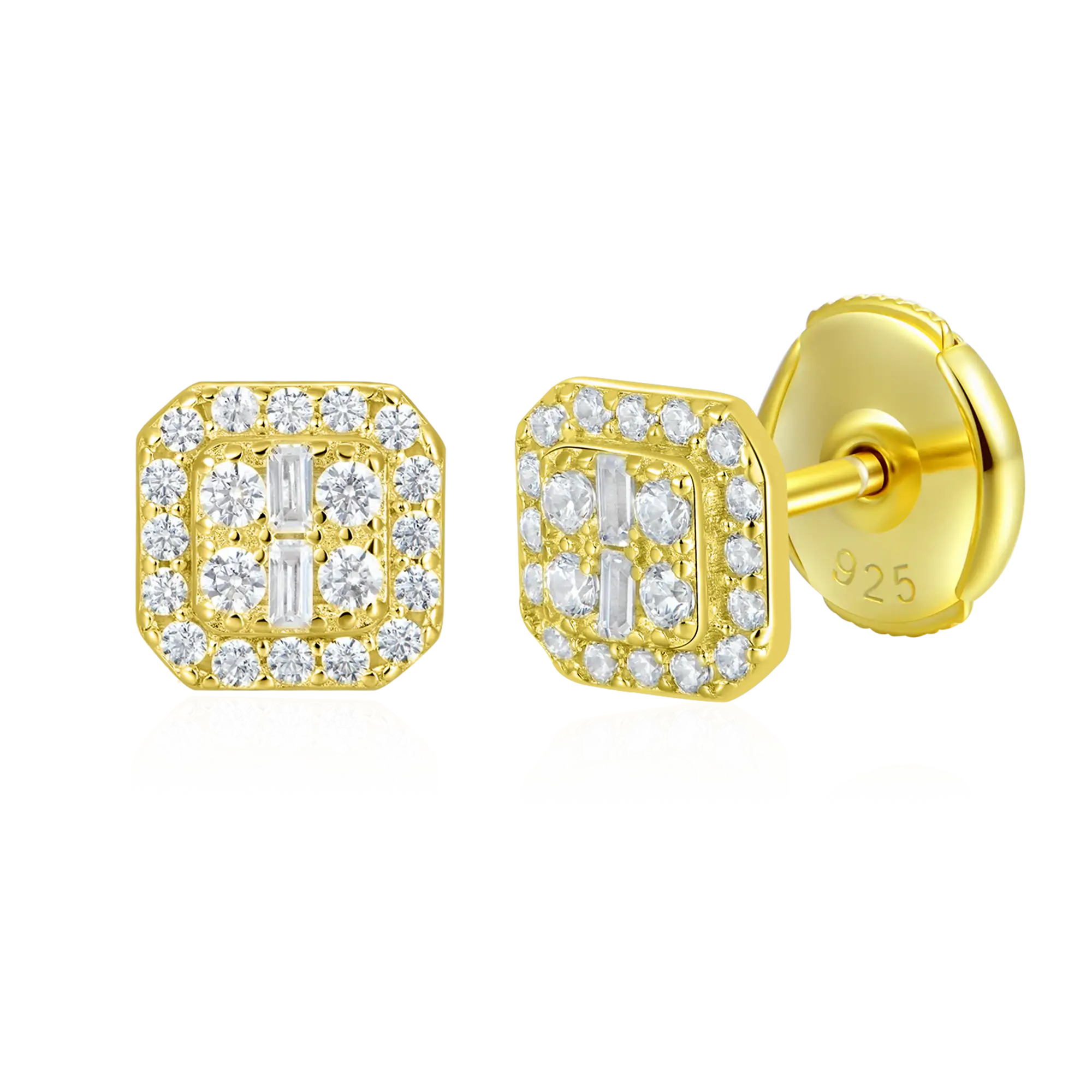 S925 Octagon Baguette Mix Halo Stud Earrings - Pair