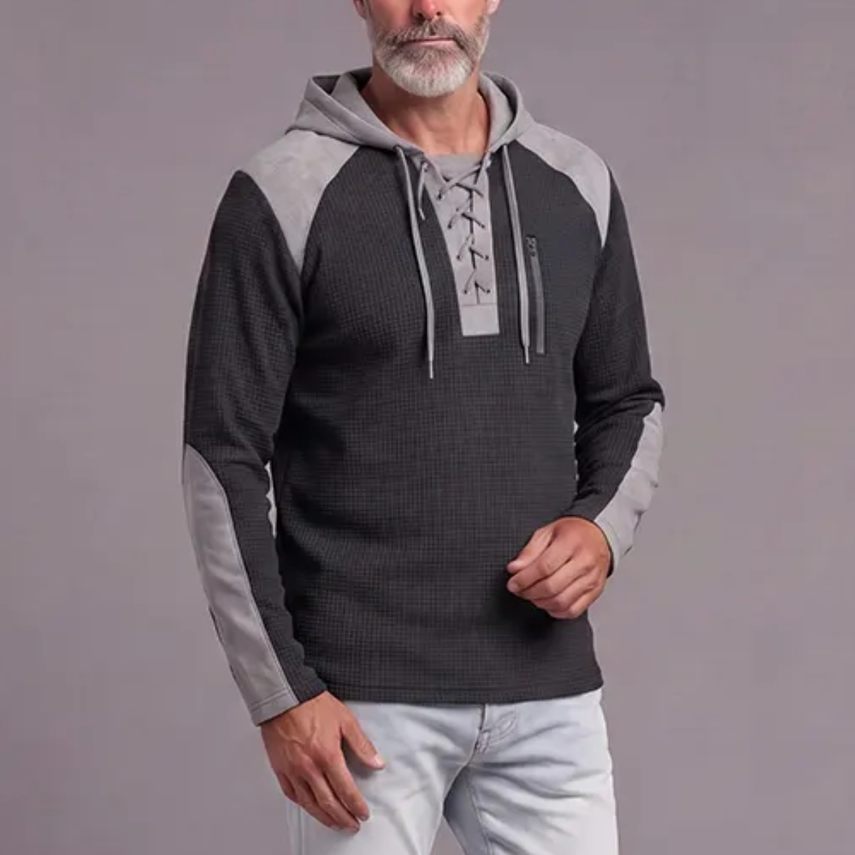 Hooded Sweatshirt: Waffle-Knit, Two-Tone Casual Sports Sweatshirt