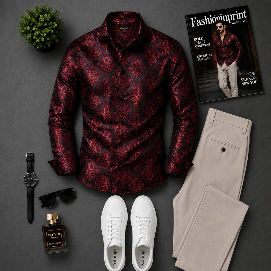 Men's Red Black Abstract Print Button Shirt & Beige Trousers 2 Piece Outfit Set