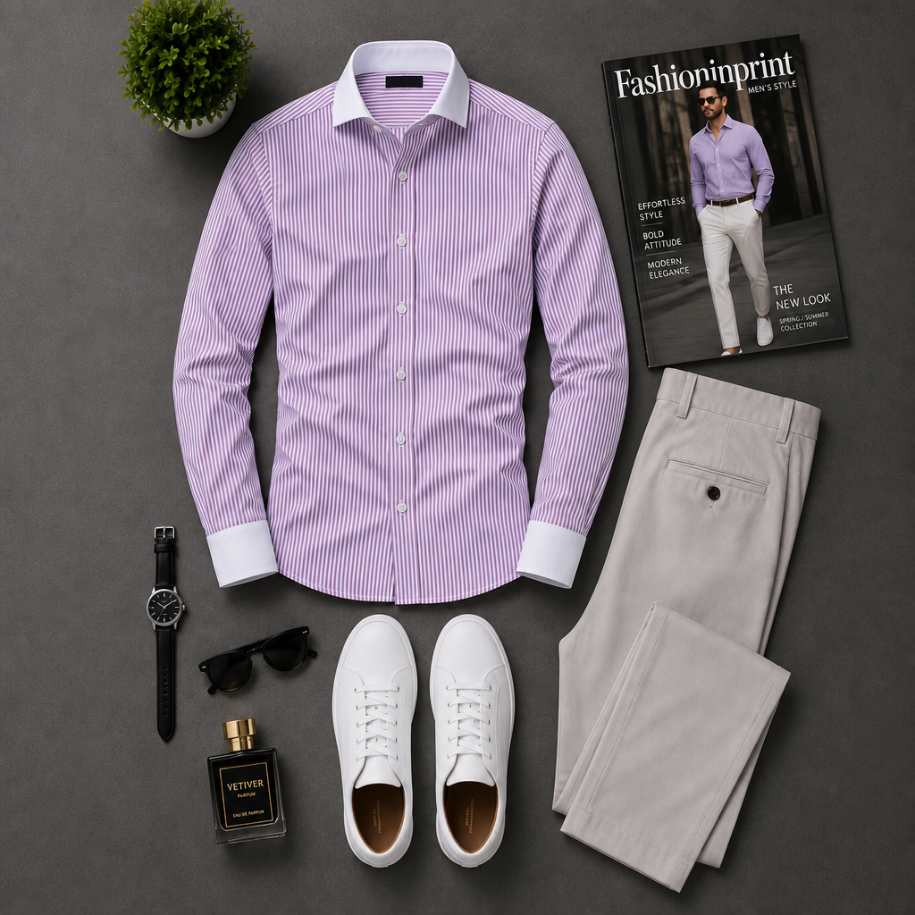 Men's Lavender Button Shirt & Beige Trousers 2 Piece Outfit Set