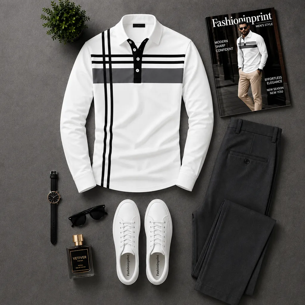 Men's White Black Stripe Long Sleeve Polo Top & Charcoal Trousers 2 Piece Outfit Set