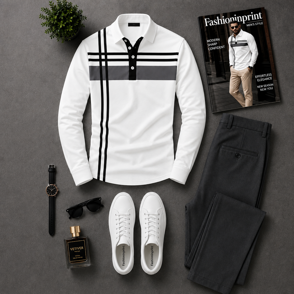 Men's White Black Stripe Long Sleeve Polo Top & Charcoal Trousers 2 Piece Outfit Set