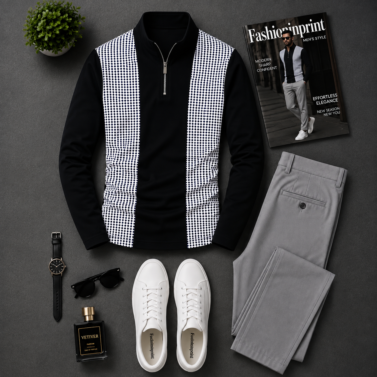 Men's Black Quarter Zip Long Sleeve Top & Light Gray Trousers 2 Piece Outfit Set