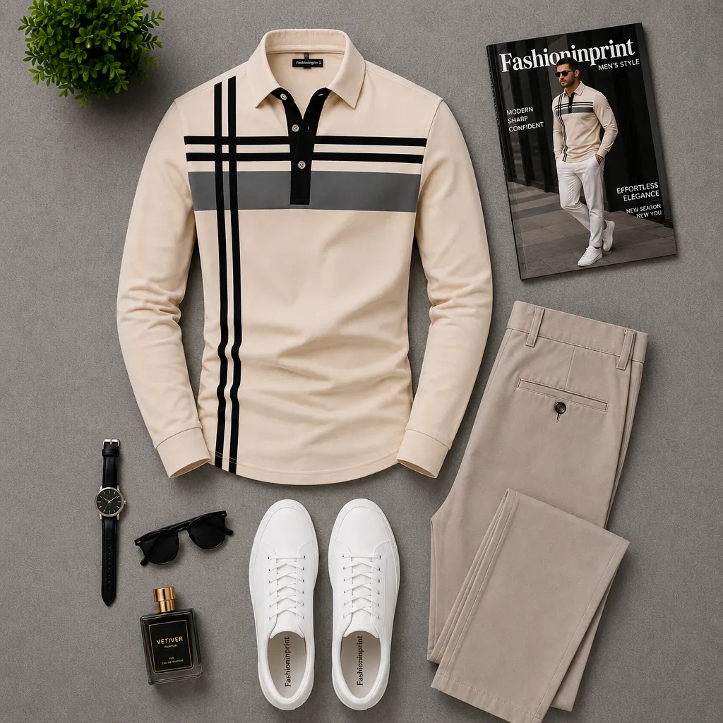 Men's Beige Black Stripe Long Sleeve Polo Top & Beige Trousers 2 Piece Outfit Set