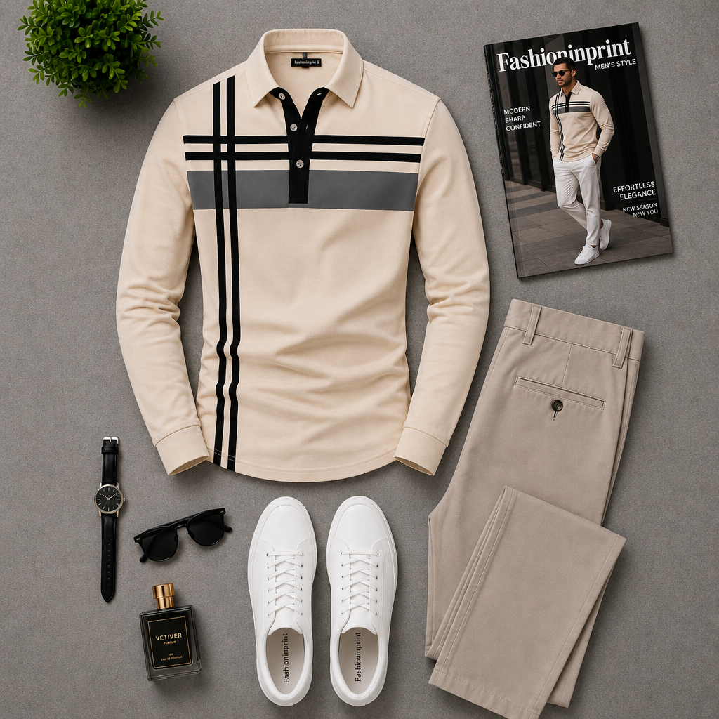 Men's Beige Black Stripe Long Sleeve Polo Top & Beige Trousers 2 Piece Outfit Set