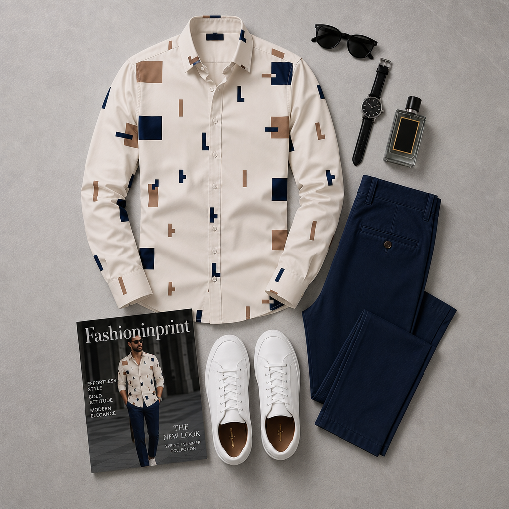 Men's Ivory Geometric Print Button Shirt & Navy Trousers 2 Piece Outfit Set