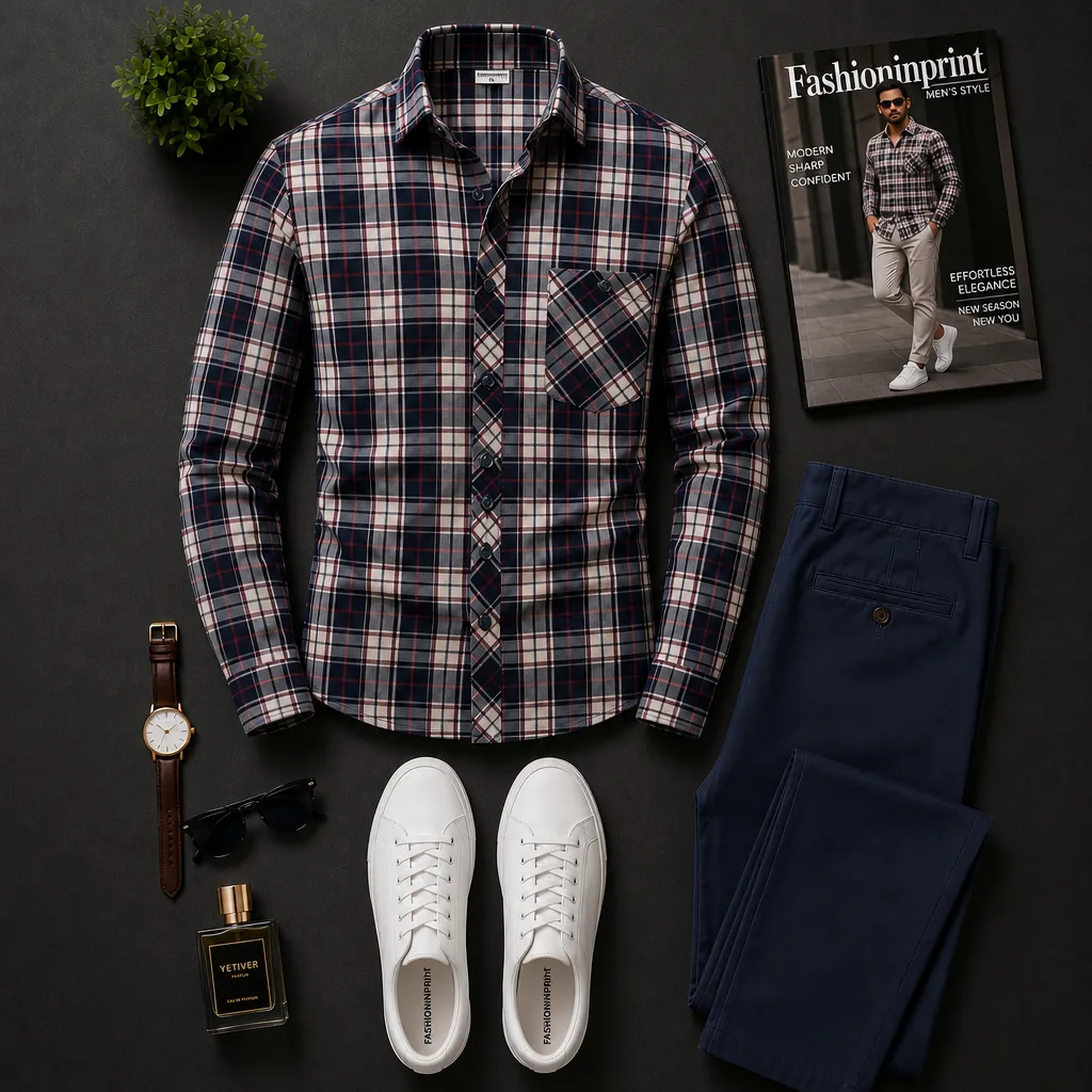 Men's Black Burgundy Plaid Button Shirt & Navy Trousers 2 Piece Outfit Set