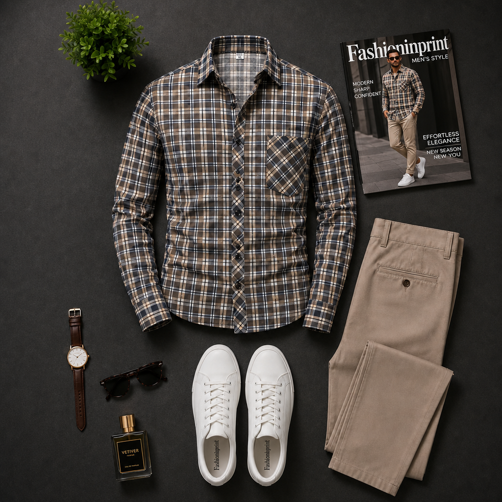 Men's Brown Houndstooth Button Shirt & Khaki Trousers 2 Piece Outfit Set